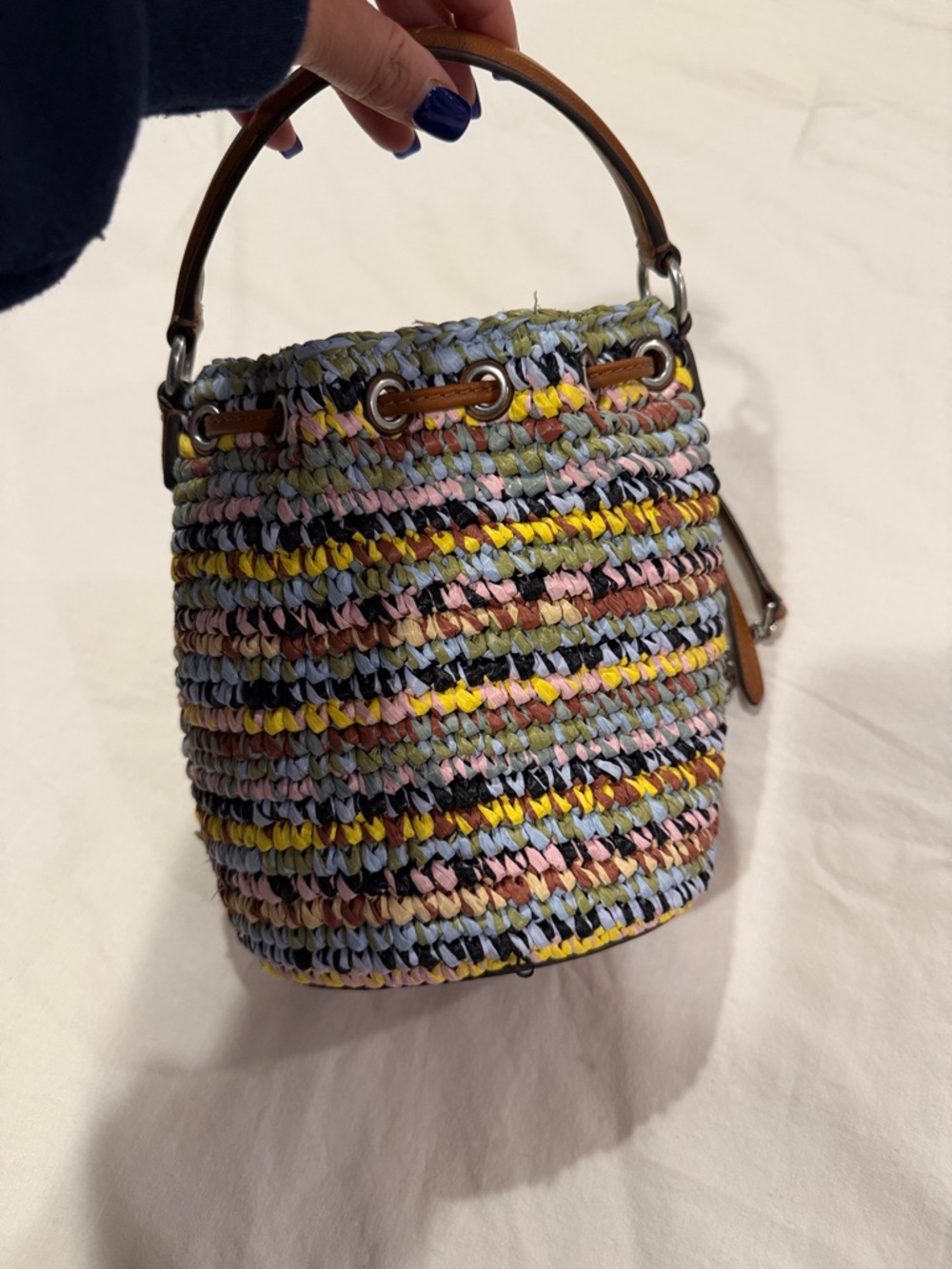 Tory Burch Multicolor Woven Mini Bucket Bag with Tan Leather Trim - Picture 3 of 5